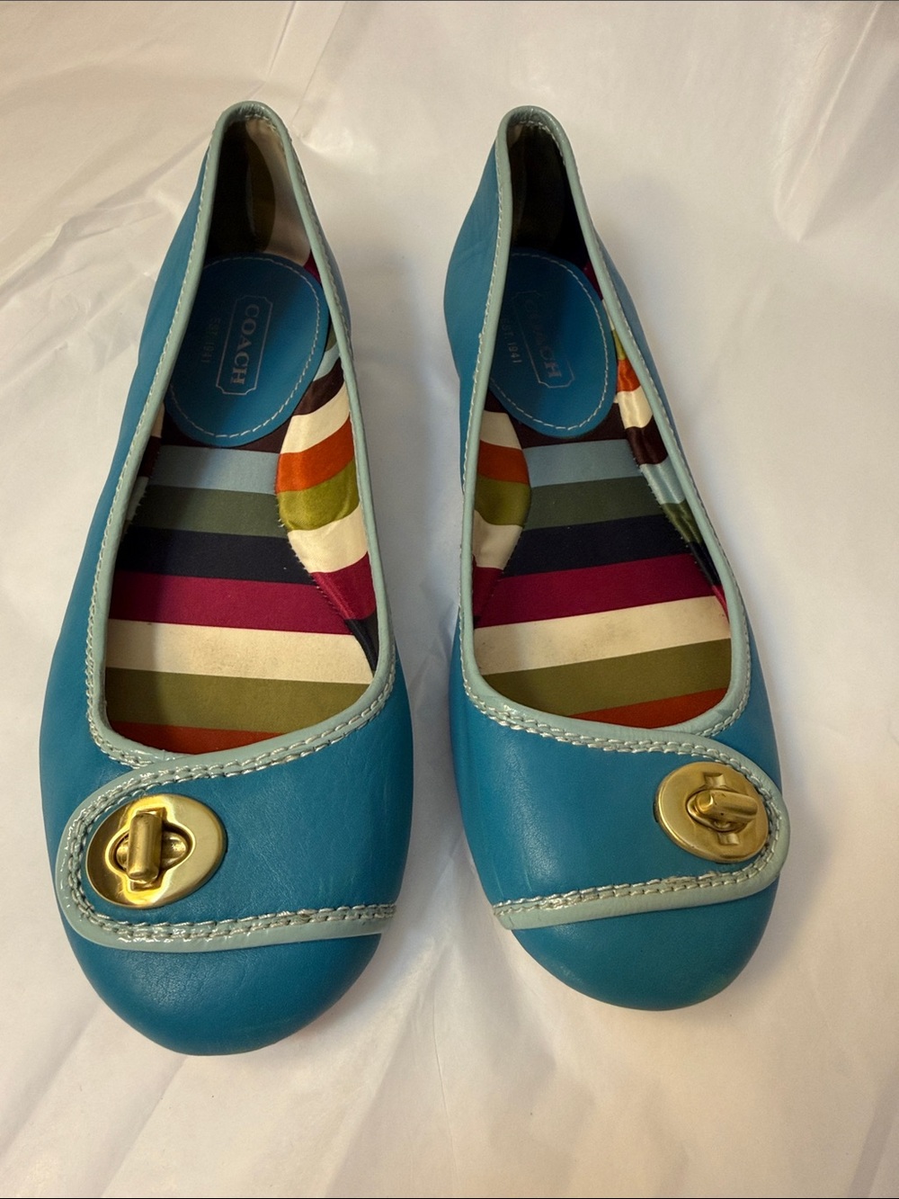 Coach Teal Leather Ballet Flats with Gold Turnlock